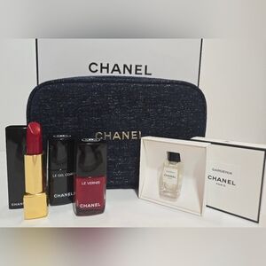 Chanel 5 Pieces Make Up Set: Pirate Lipstick+ Gardenia EDP Miniature 4ML +Pouch